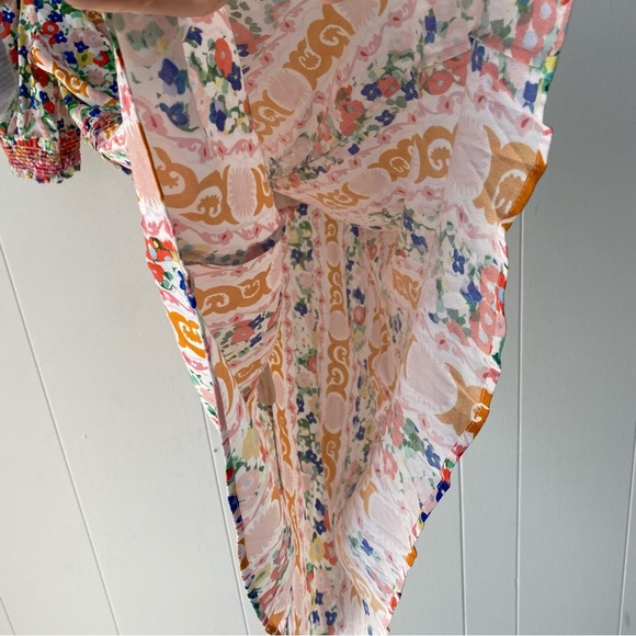 Saloni Lea Smocked Floral Print Crepe Mini Dress Sz. 2 White Orange Pink V Neck - Picture 11 of 16